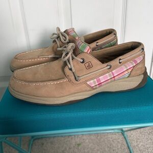 Sperry Top-Sider Boat Shoes Girls Youth 6.5 Tan Nubuck Pastel Plaid EU 39.5 UK 8